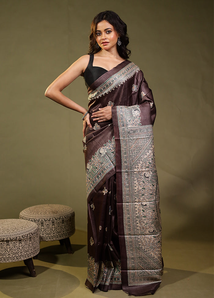 Brown Handloom Tussar Pure Silk Saree With Blouse Piece