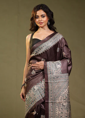 Brown Handloom Tussar Pure Silk Saree With Blouse Piece