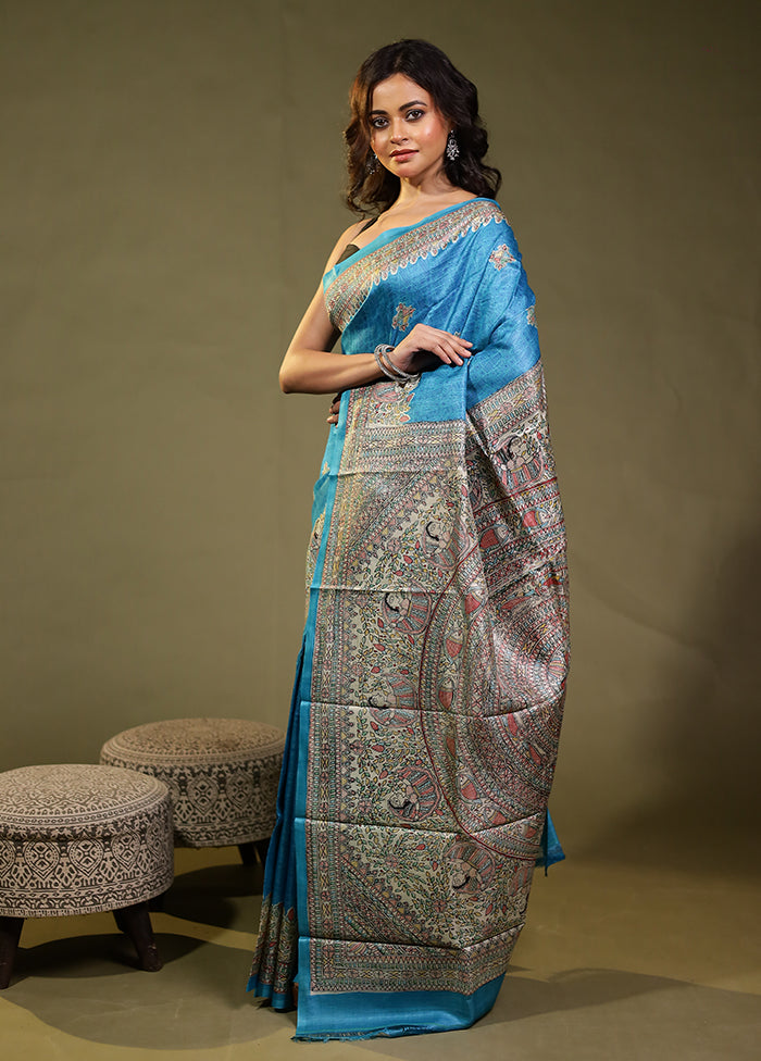 Blue Handloom Tussar Pure Silk Saree With Blouse Piece