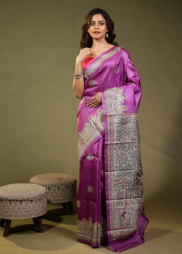 Purple Handloom Tussar Pure Silk Saree With Blouse Piece