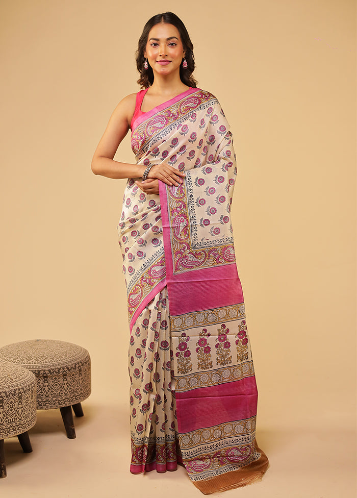 Cream Handloom Tussar Pure Silk Saree With Blouse Piece
