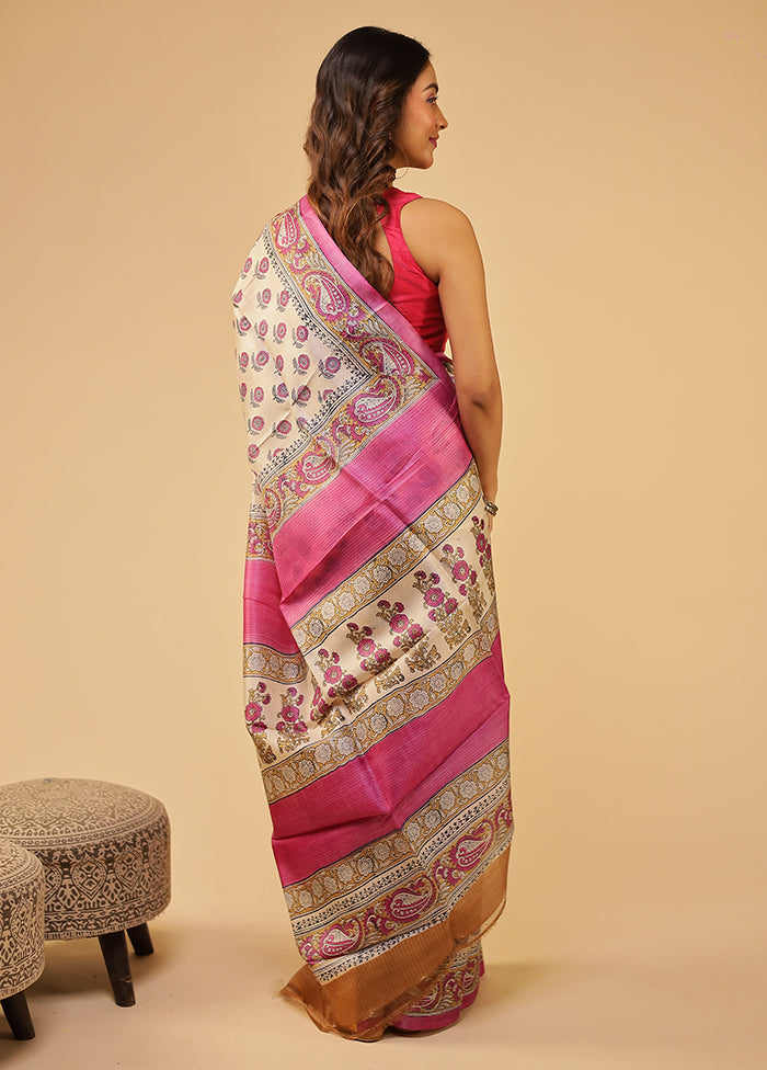 Cream Handloom Tussar Pure Silk Saree With Blouse Piece