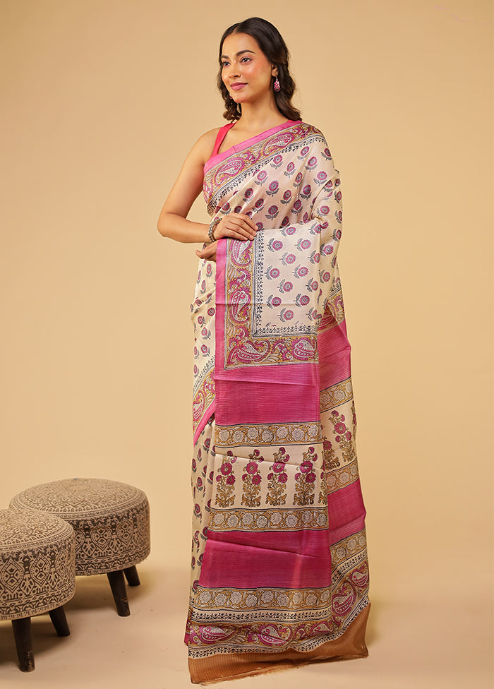 Cream Handloom Tussar Pure Silk Saree With Blouse Piece
