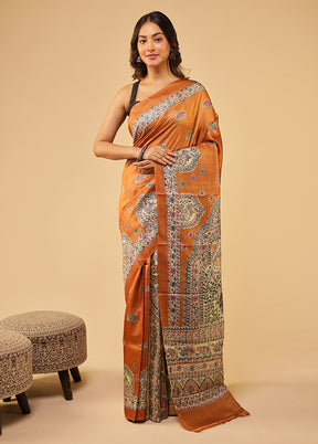 Rust Handloom Tussar Pure Silk Saree With Blouse Piece
