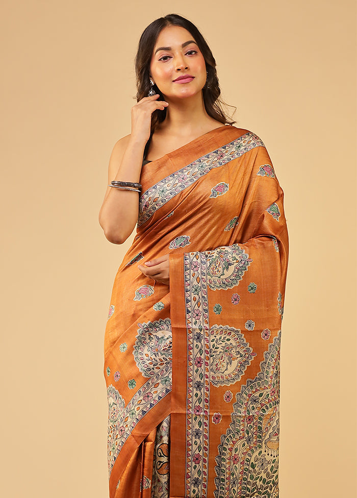 Rust Handloom Tussar Pure Silk Saree With Blouse Piece