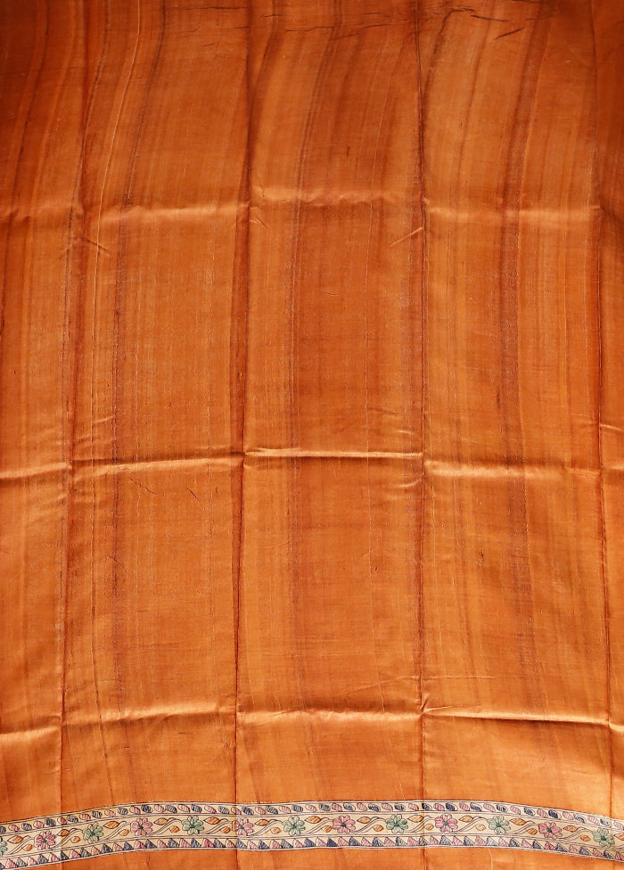 Rust Handloom Tussar Pure Silk Saree With Blouse Piece