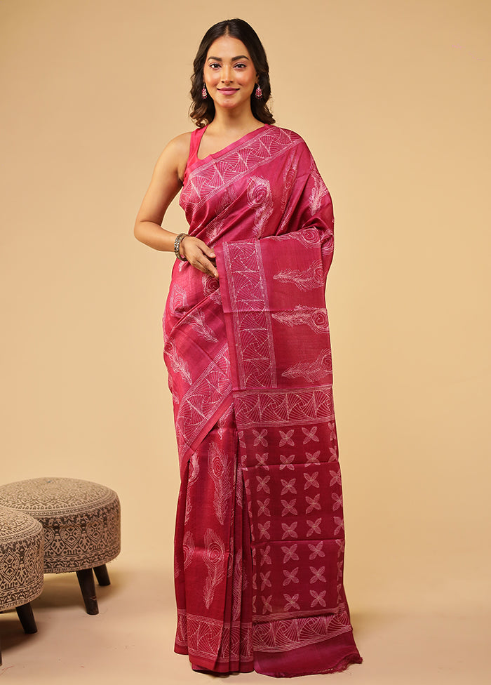 Pink Handloom Tussar Pure Silk Saree With Blouse Piece