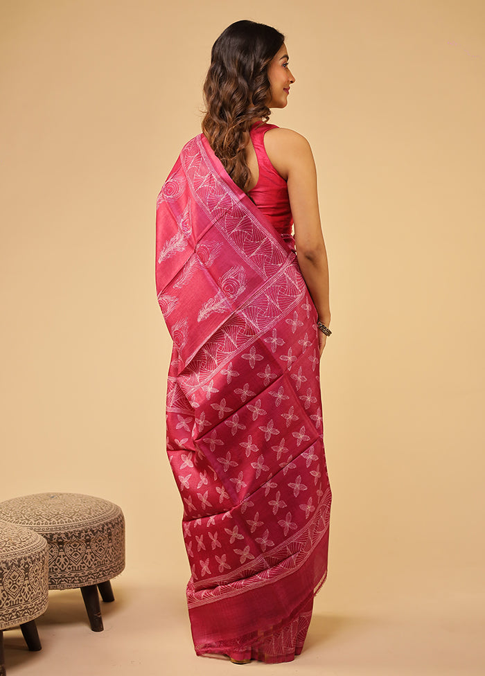 Pink Handloom Tussar Pure Silk Saree With Blouse Piece