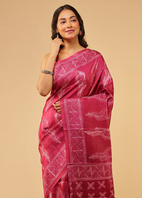 Pink Handloom Tussar Pure Silk Saree With Blouse Piece