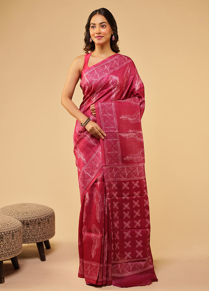 Pink Handloom Tussar Pure Silk Saree With Blouse Piece