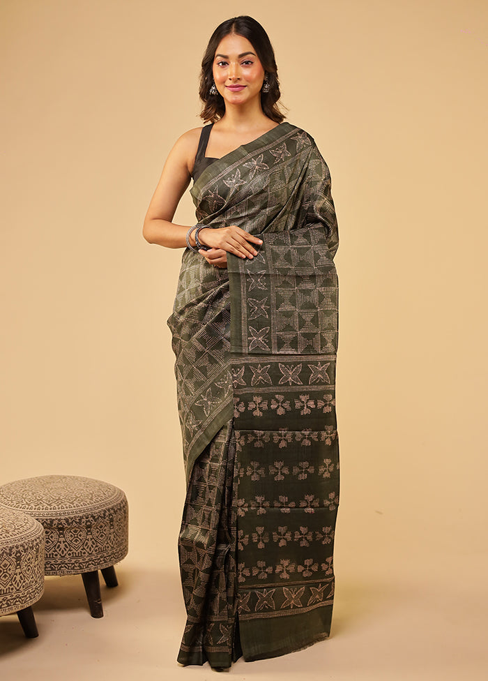 Green Handloom Tussar Pure Silk Saree With Blouse Piece