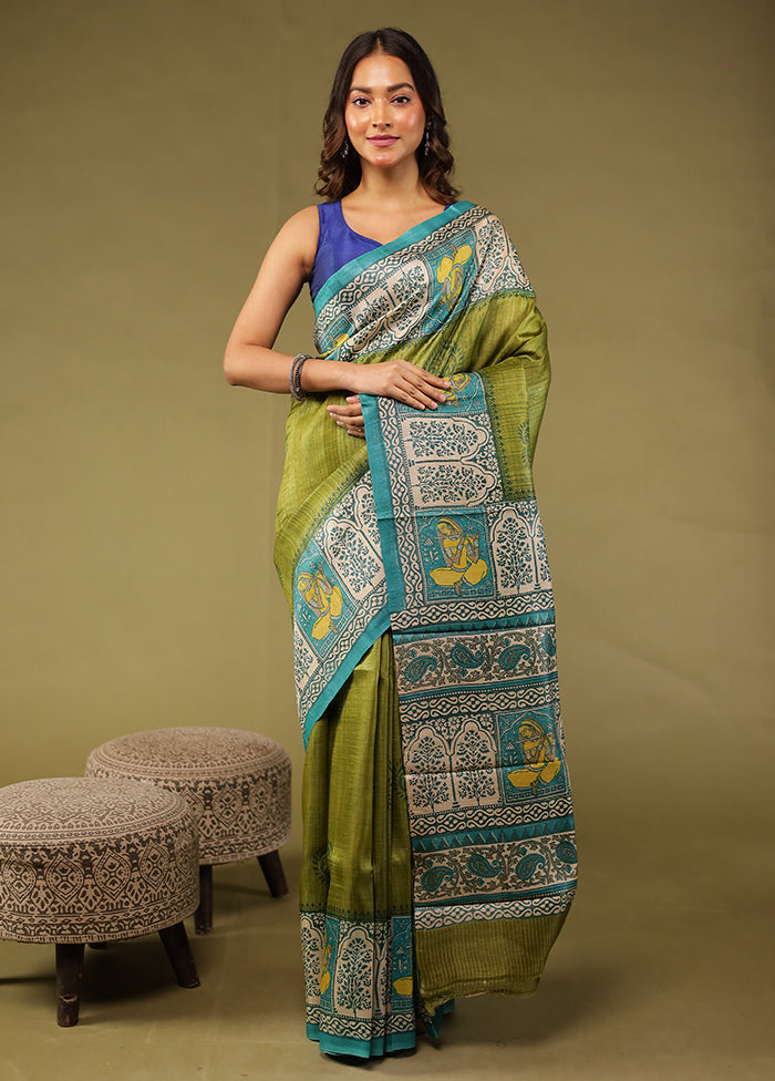 Green Handloom Tussar Pure Silk Saree With Blouse Piece