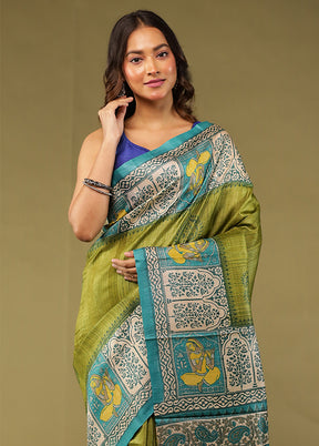 Green Handloom Tussar Pure Silk Saree With Blouse Piece