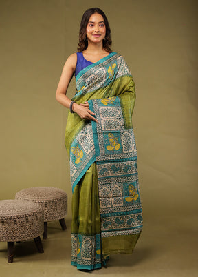 Green Handloom Tussar Pure Silk Saree With Blouse Piece