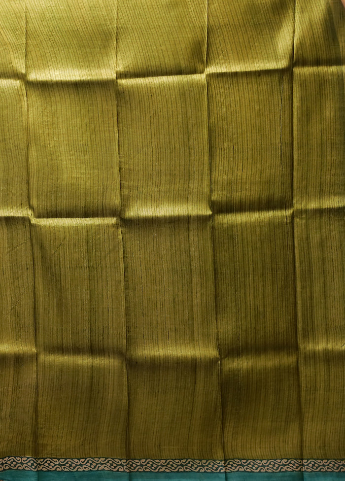 Green Handloom Tussar Pure Silk Saree With Blouse Piece