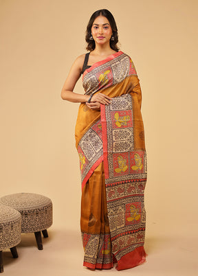 Rust Handloom Tussar Pure Silk Saree With Blouse Piece