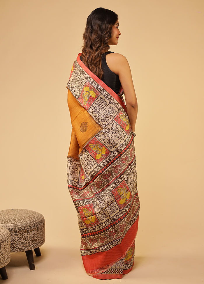 Rust Handloom Tussar Pure Silk Saree With Blouse Piece