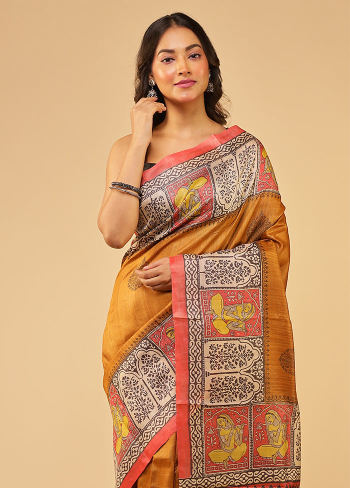 Rust Handloom Tussar Pure Silk Saree With Blouse Piece