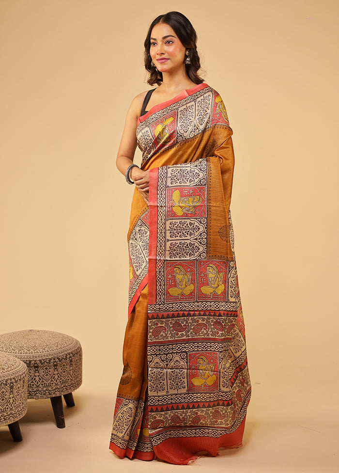 Rust Handloom Tussar Pure Silk Saree With Blouse Piece