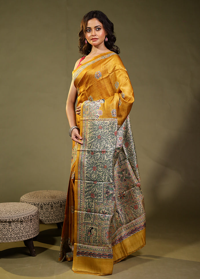 Yellow Handloom Tussar Pure Silk Saree With Blouse Piece
