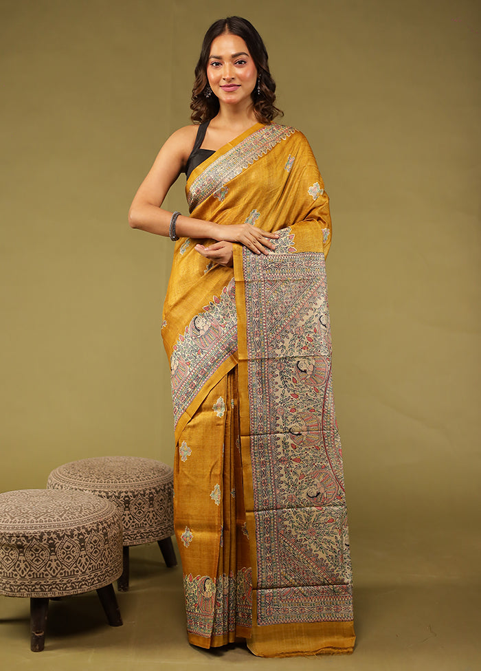 Yellow Handloom Tussar Pure Silk Saree With Blouse Piece