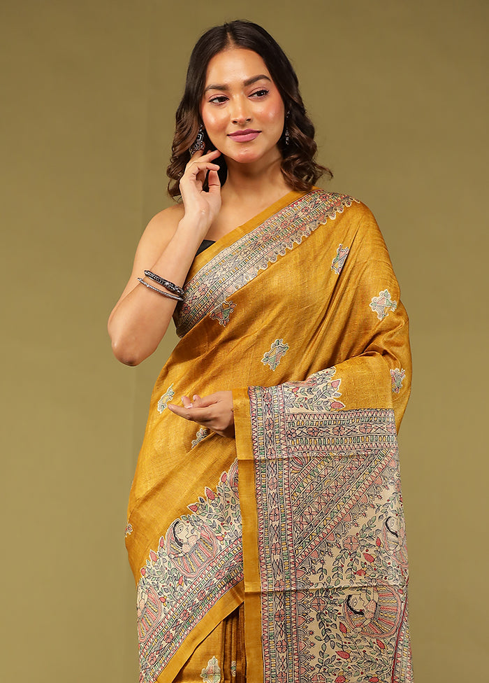 Yellow Handloom Tussar Pure Silk Saree With Blouse Piece