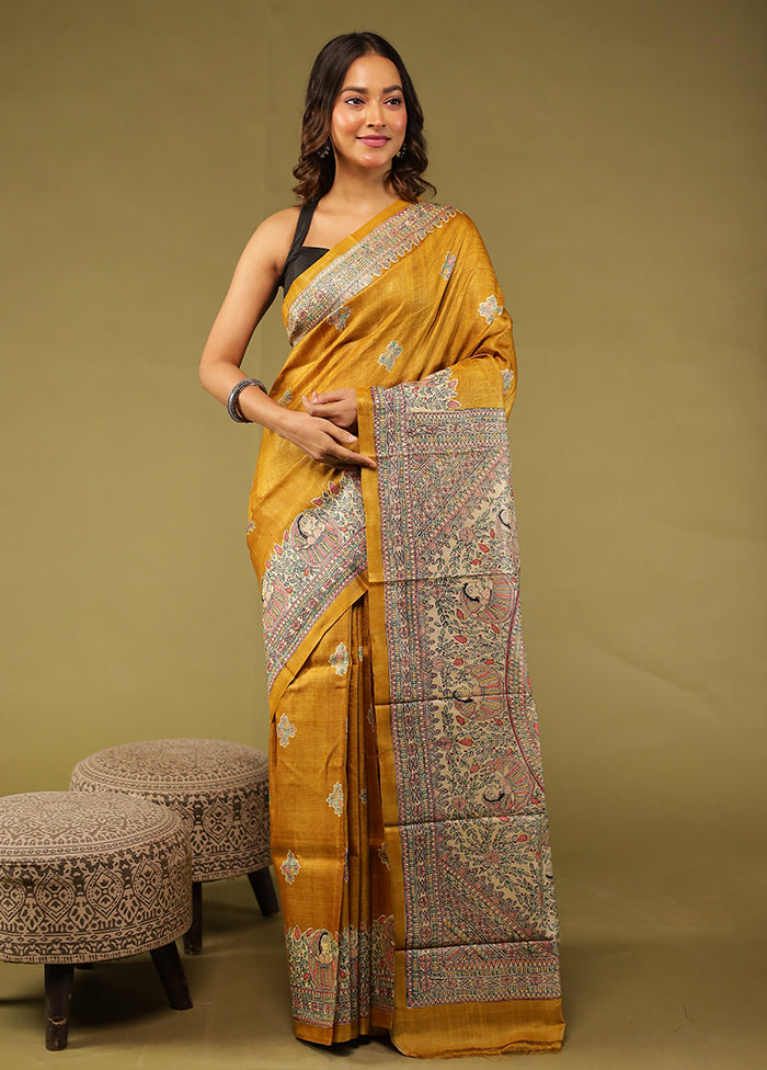 Yellow Handloom Tussar Pure Silk Saree With Blouse Piece