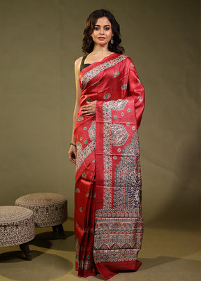 Pink Handloom Tussar Pure Silk Saree With Blouse Piece