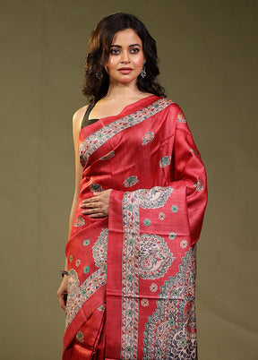 Pink Handloom Tussar Pure Silk Saree With Blouse Piece