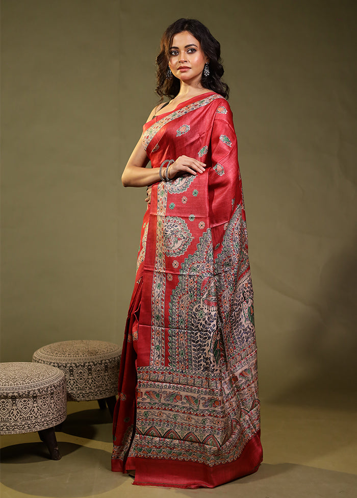 Pink Handloom Tussar Pure Silk Saree With Blouse Piece