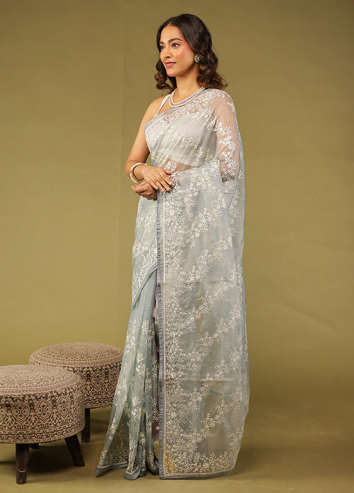 Grey Organza Saree With Blouse Piece