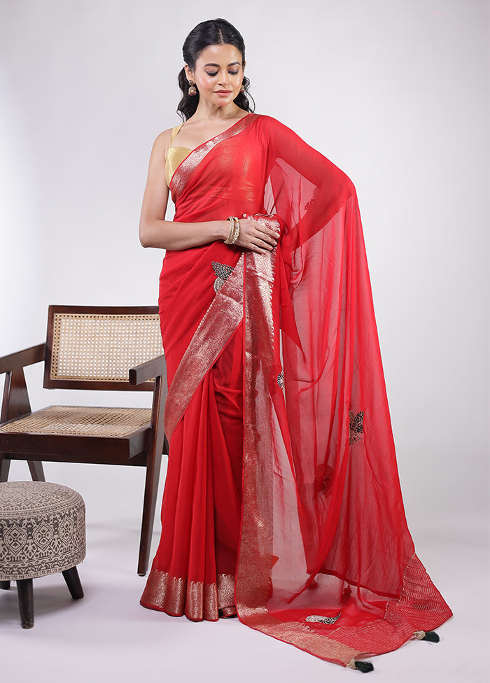 Red Georgette Saree With Blouse Piece