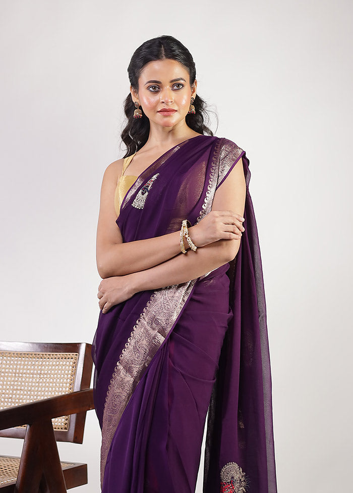 Purple Georgette Saree With Blouse Piece