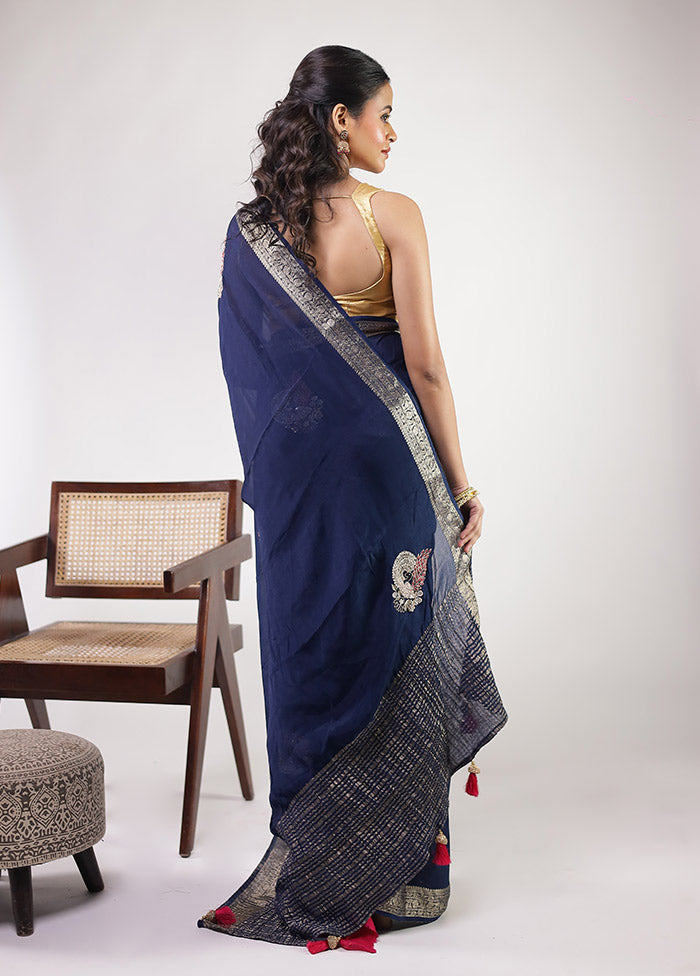 Blue Georgette Saree With Blouse Piece