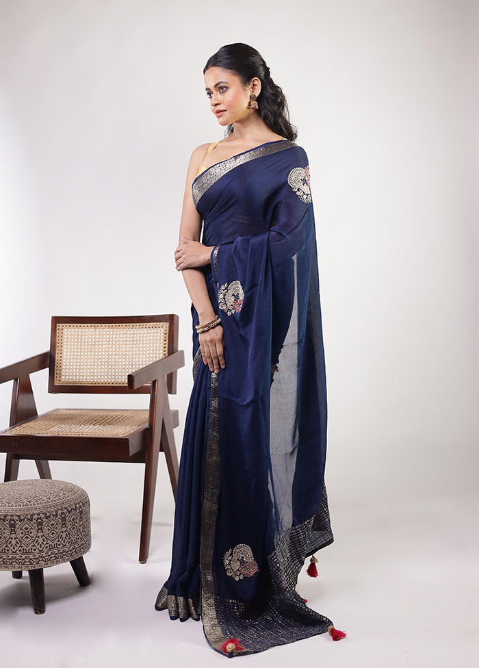 Blue Georgette Saree With Blouse Piece