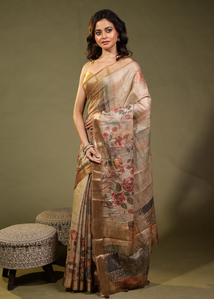 Cream Linen Silk Saree With Blouse Piece