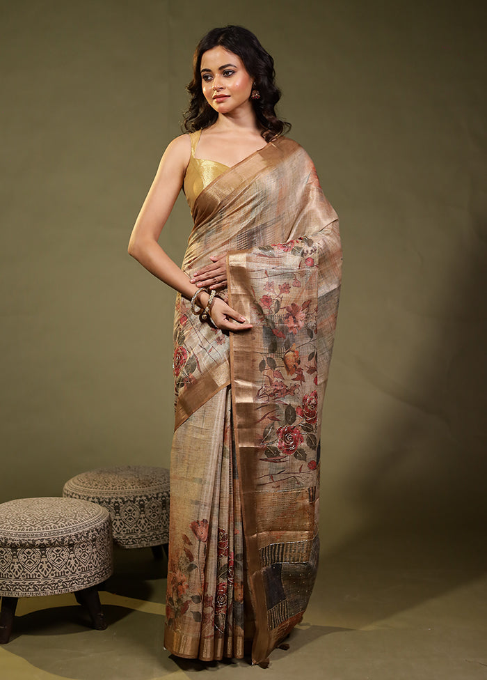 Cream Linen Silk Saree With Blouse Piece