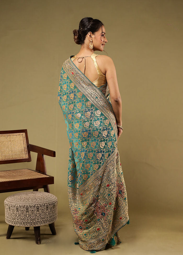 Green Handloom Pure Georgette Saree With Blouse Piece