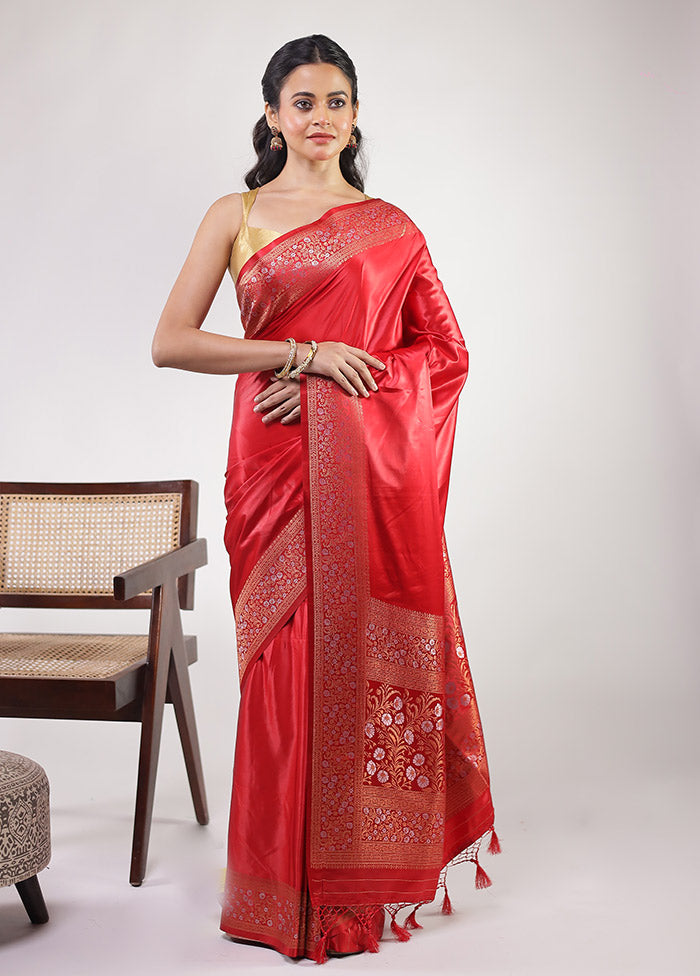 Red Dupion Silk Saree With Blouse Piece
