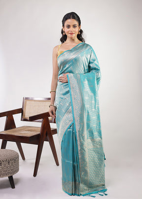 Blue Dupion Silk Saree With Blouse Piece