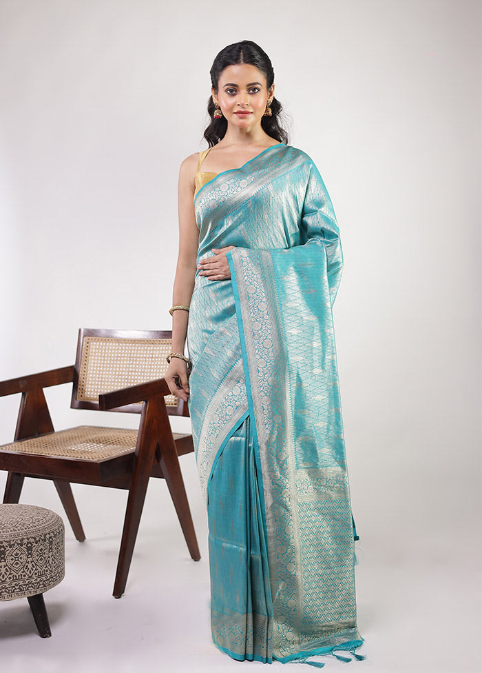 Blue Dupion Silk Saree With Blouse Piece