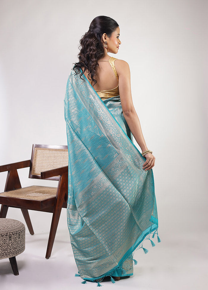 Blue Dupion Silk Saree With Blouse Piece