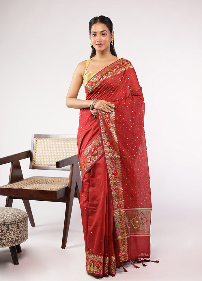 Red Pure Cotton Saree With Blouse Piece
