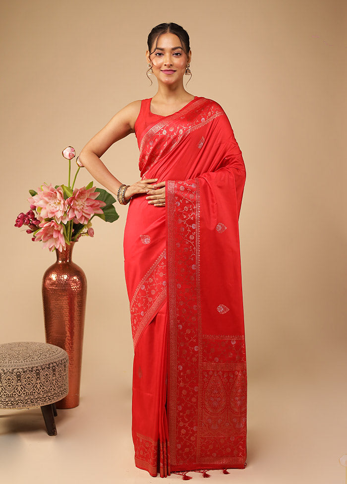 Red Dupion Silk Saree With Blouse Piece