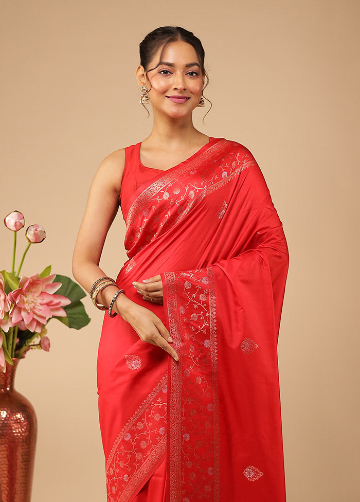 Red Dupion Silk Saree With Blouse Piece