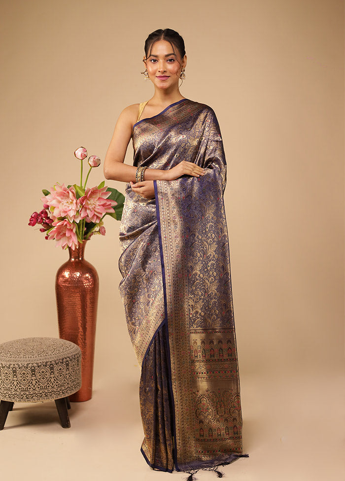 Blue Dupion Silk Saree With Blouse Piece