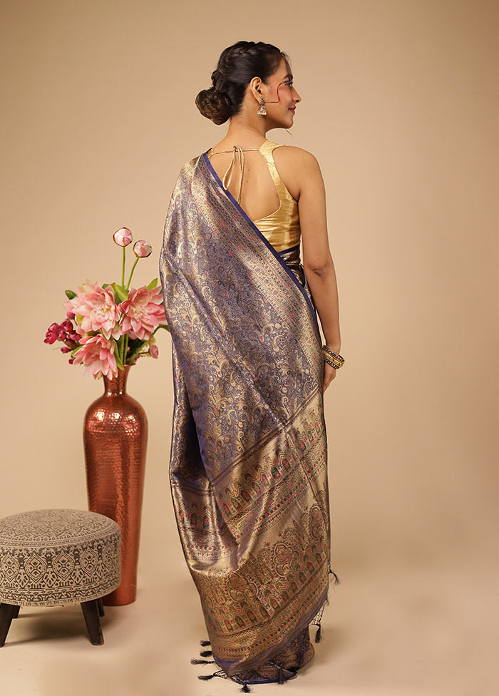 Blue Dupion Silk Saree With Blouse Piece
