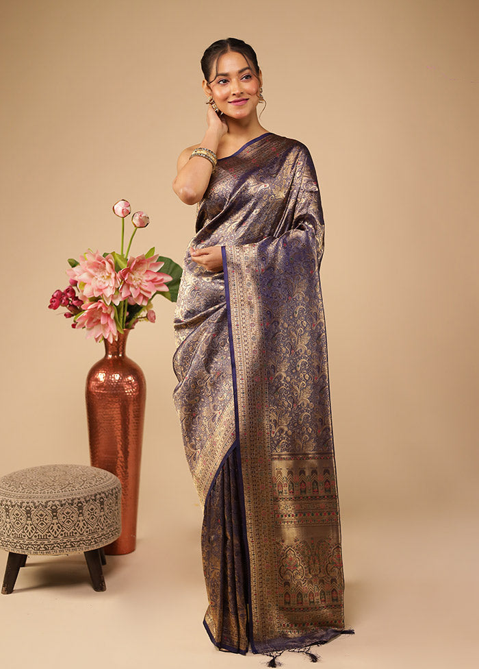 Blue Dupion Silk Saree With Blouse Piece