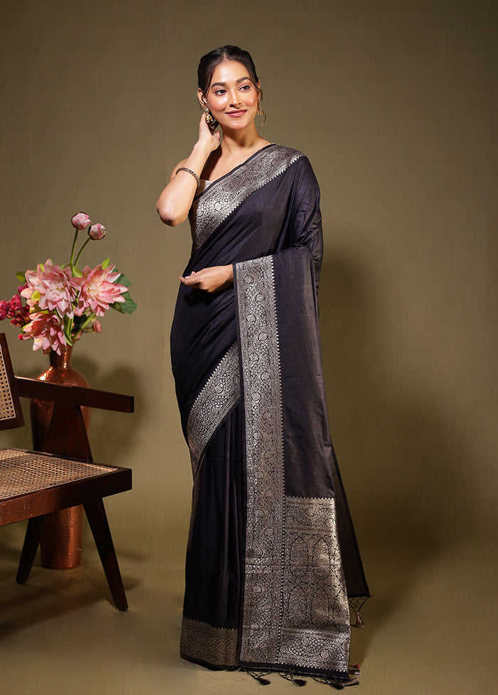 Black Dupion Silk Saree With Blouse Piece