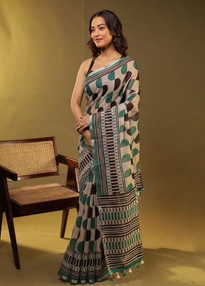 Cream Linen Silk Saree With Blouse Piece